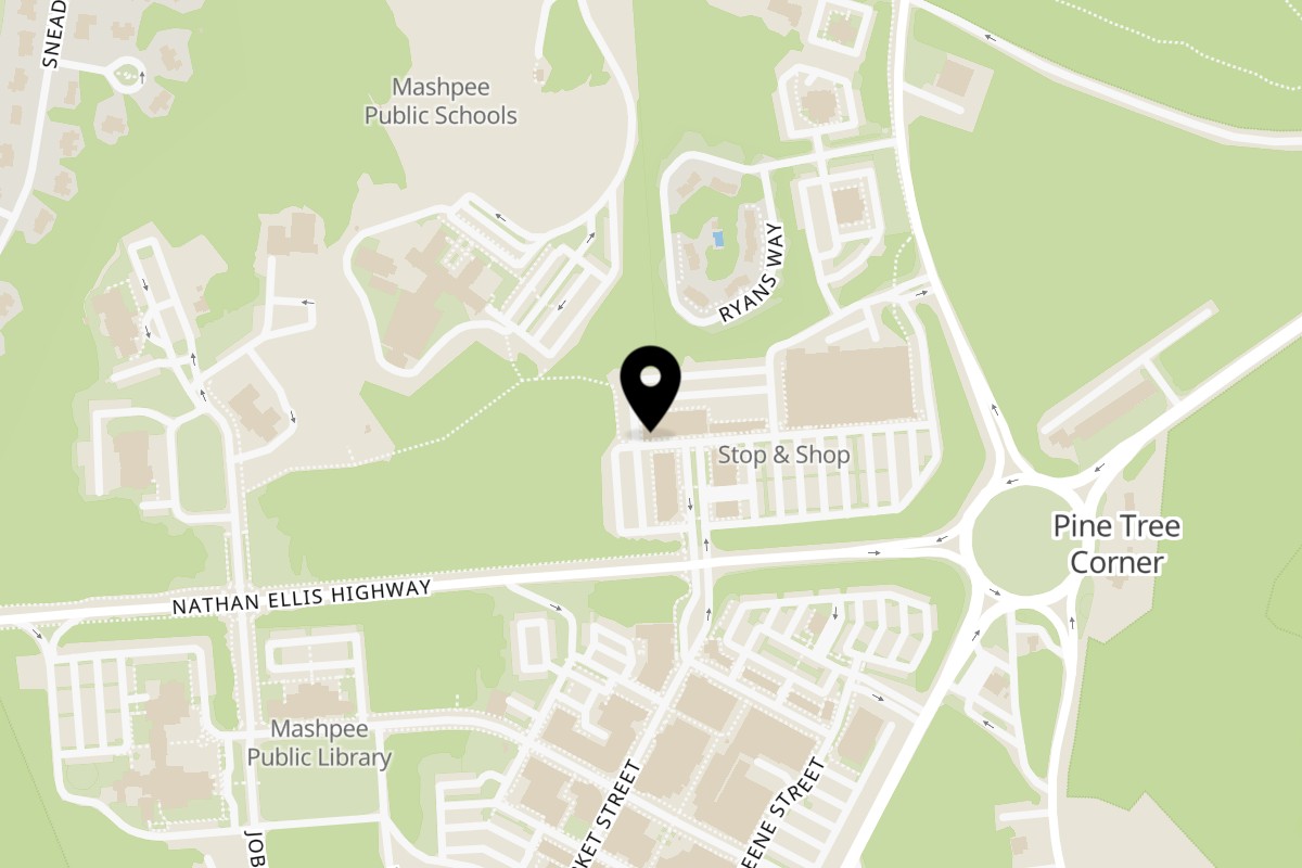 Map showing the location of The Spot on 38 Bates Rd in Mashpee